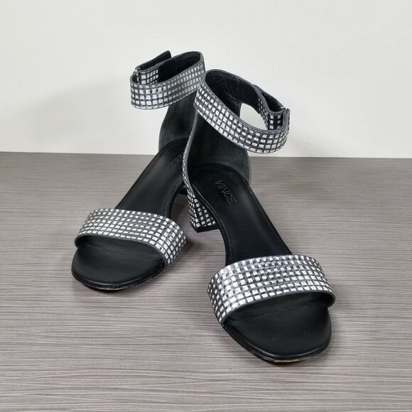 Vince Rita Ankle Strap Sandal, Black & White Metallic Leather, Womens Size 6.5 M - Picture 4 of 12